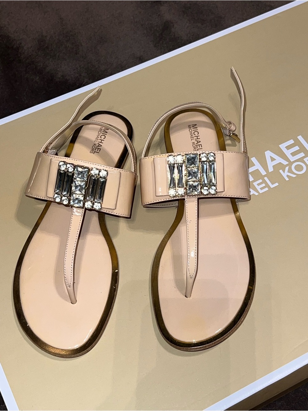 Michael Kors Nude Patent Jeweled T-Strap Sandals